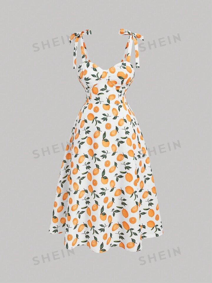 SHEIN MOD Plus Size Women's Orange Print Dress With Tied Straps | SHEIN