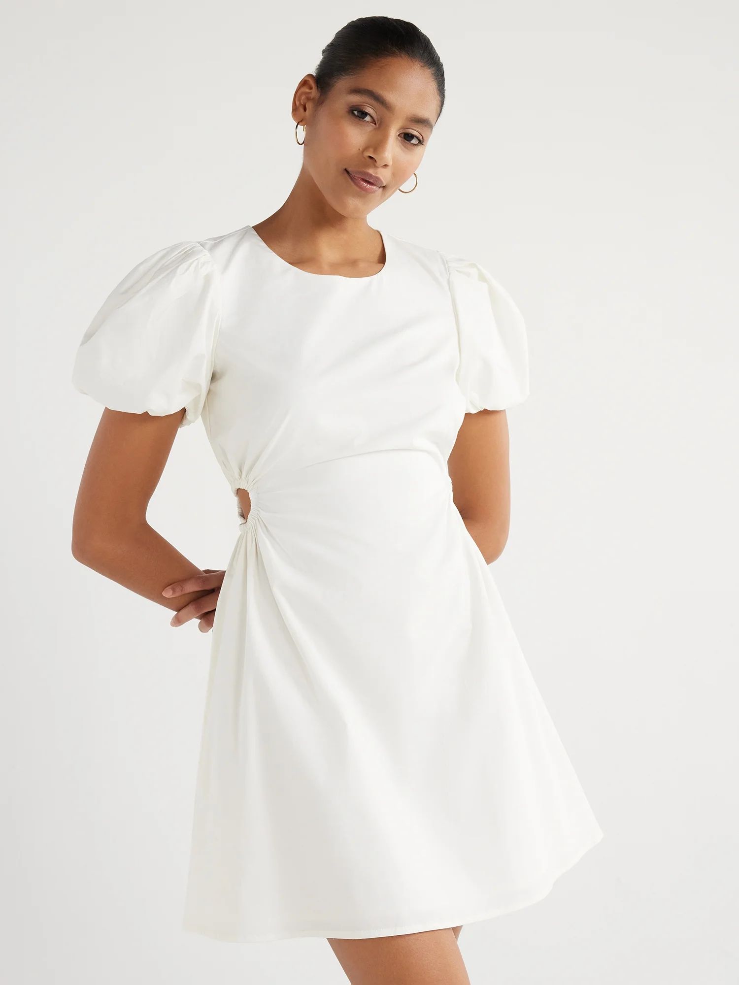 Scoop Women’s Cutout Poplin Dress with Puff Sleeves, Sizes XS-XXL Plus Size White Dress  | Walmart (US)