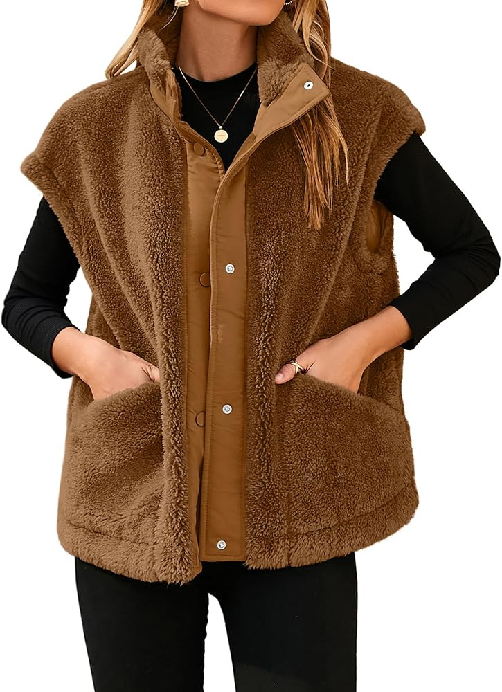 Glamaker Womens Fuzzy Fleece Vest Casual Loose Sherpa Vest Faux Fur Button Down Sleeveless Jacket... | Amazon (US)