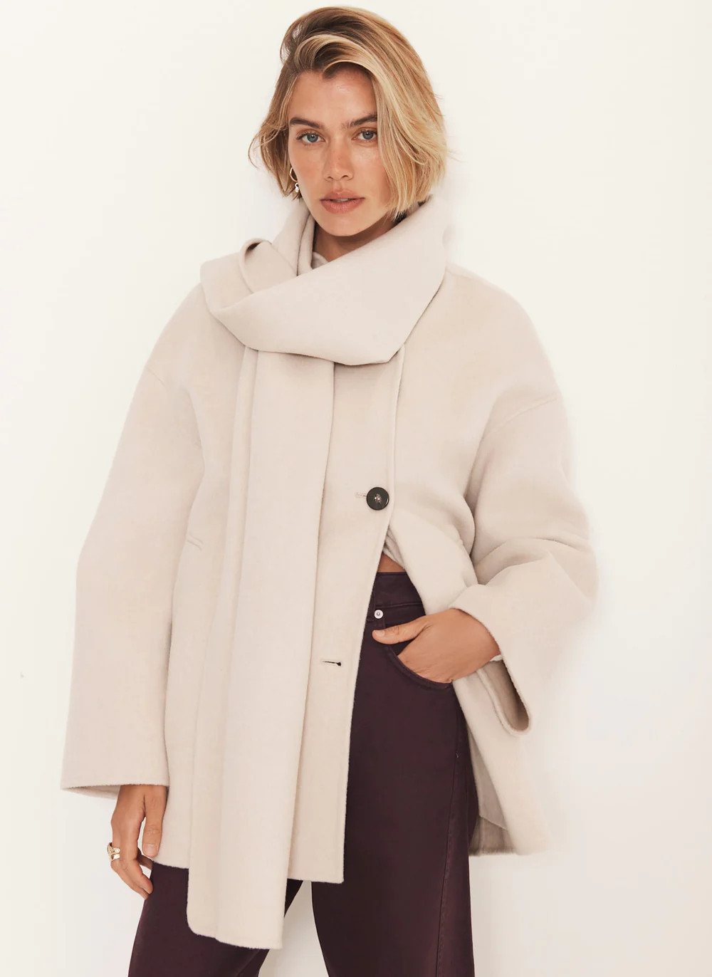 Neutral Wool Blend Hand Finished Scarf Coat | Mint Velvet