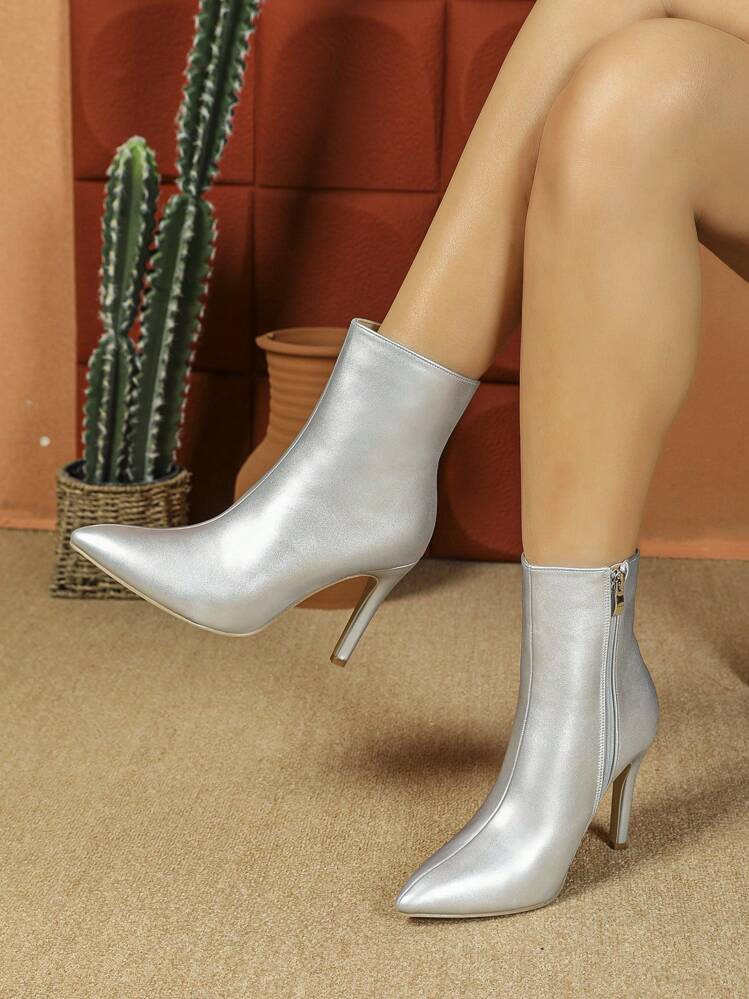 Women's Fashion New Silver Boots Simple Versatile Outdoor Party Side Zip Super High Chunky Heel P... | SHEIN