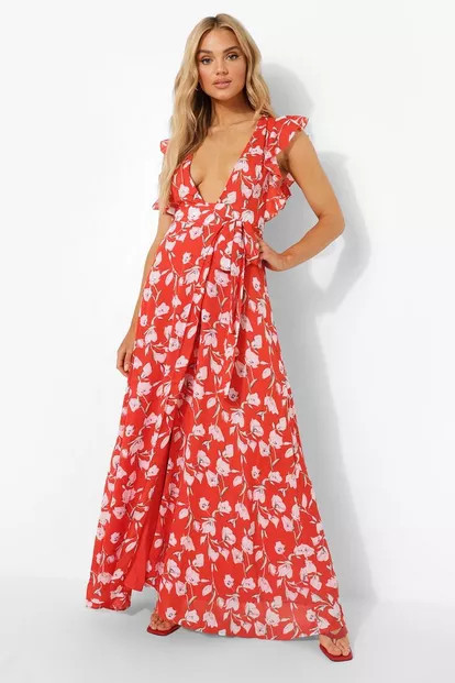 Floral Frill Detail Wrap Maxi Dress | Boohoo.com (US & CA)