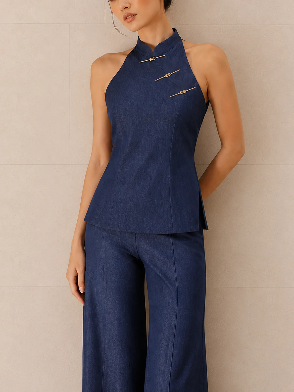Metal Frog Button Halter Neck Pants Set | Commense
