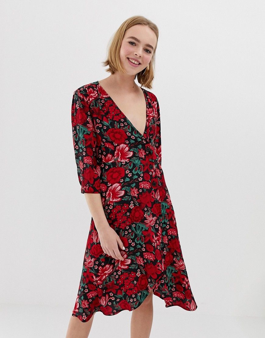 Monki floral print wrap dress with buttons in red - Multi | ASOS US