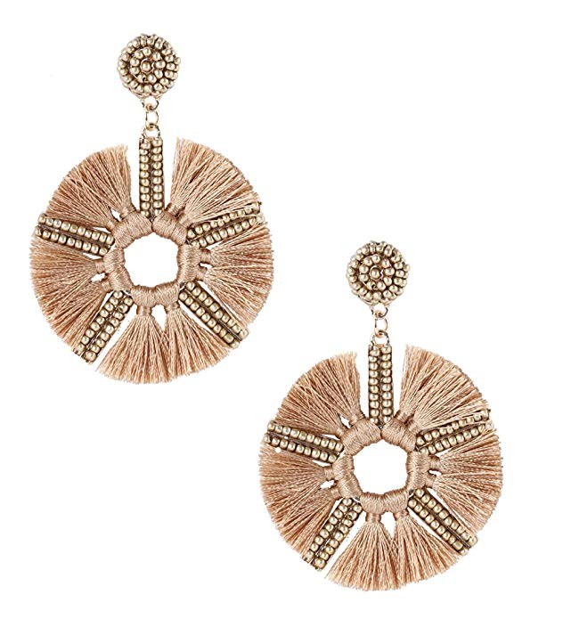 HSWE Handmade Beaded Round Tassel Earrings for Women Short Fringe Earrings Fabric Stud Earrings T... | Amazon (US)