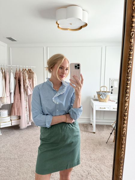 Slightly obsessed with this work outfit from J.Crew Factory! Now I need an office outside my home to wear it to! Would also be cute for brunch with friends! Wearing size small in the top and size 2 in the skirt. Spring outfits // work outfits // workwear // casual outfits // daytime outfits // J.Crew finds 

#LTKSeasonal #LTKworkwear #LTKstyletip