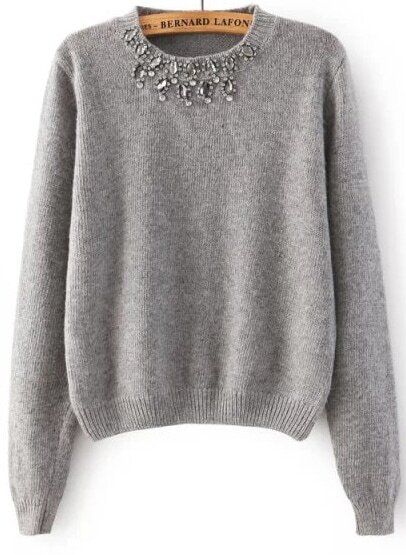 Rhinestone Knit Crop Grey Sweater | ROMWE
