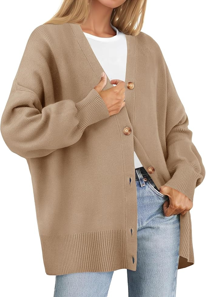 ZESICA Women's 2023 Casual Long Sleeve Cardigan V Neck Button Down Open Front Knit Loose Oversize... | Amazon (US)