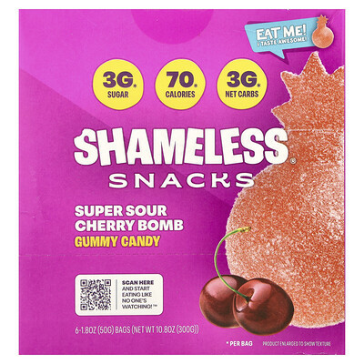Shameless Snacks, Gummy Candy, Super Sour Cherry Bomb, 6 Bags, 1.8 oz (50 g) Each | iHerb