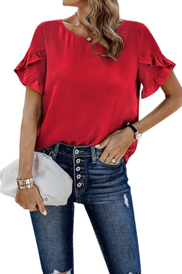 ECOWISH Womens Casual Ruffle Tops: Short Sleeve Summer Blouses Soild Crewneck Tunics Shirts | Amazon (US)