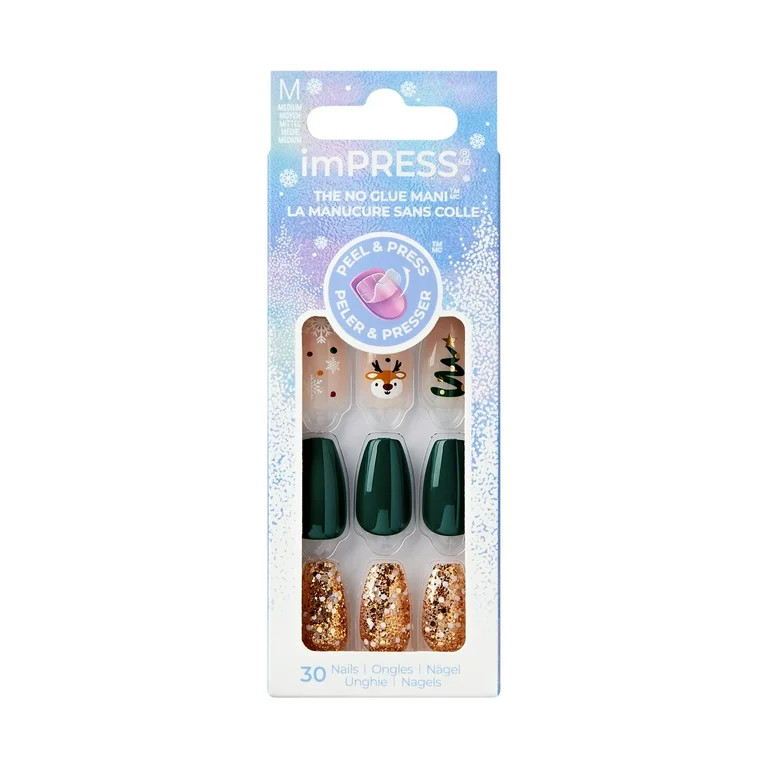 KISS imPRESS Holiday Press on Nails, Design, Dasher, Green, Medium Coffin, 30 Count | Walmart (US)