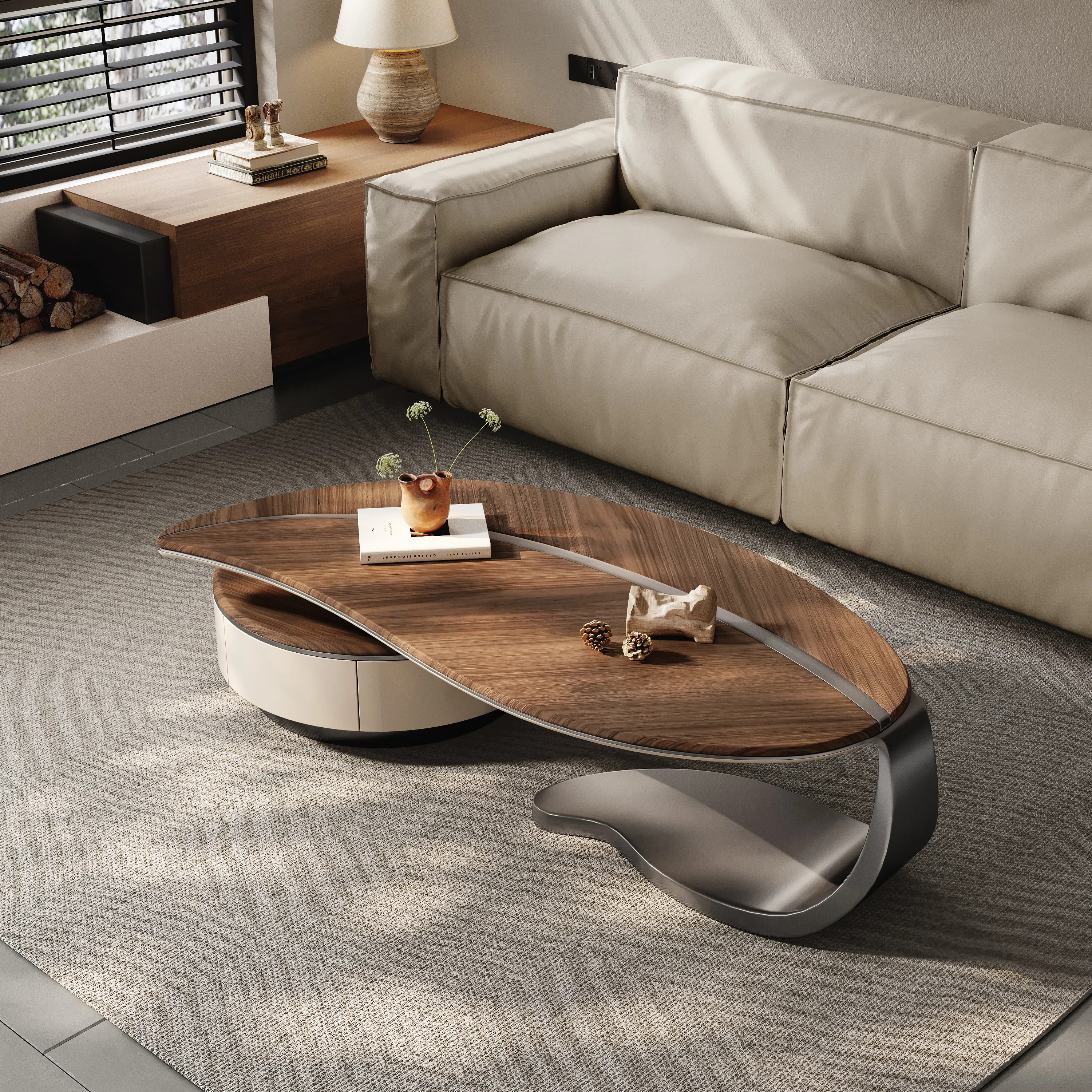 Abels Mid-Century Modern Wood Leaf Shaped Coffee Table With 2 Drawer | Wayfair North America