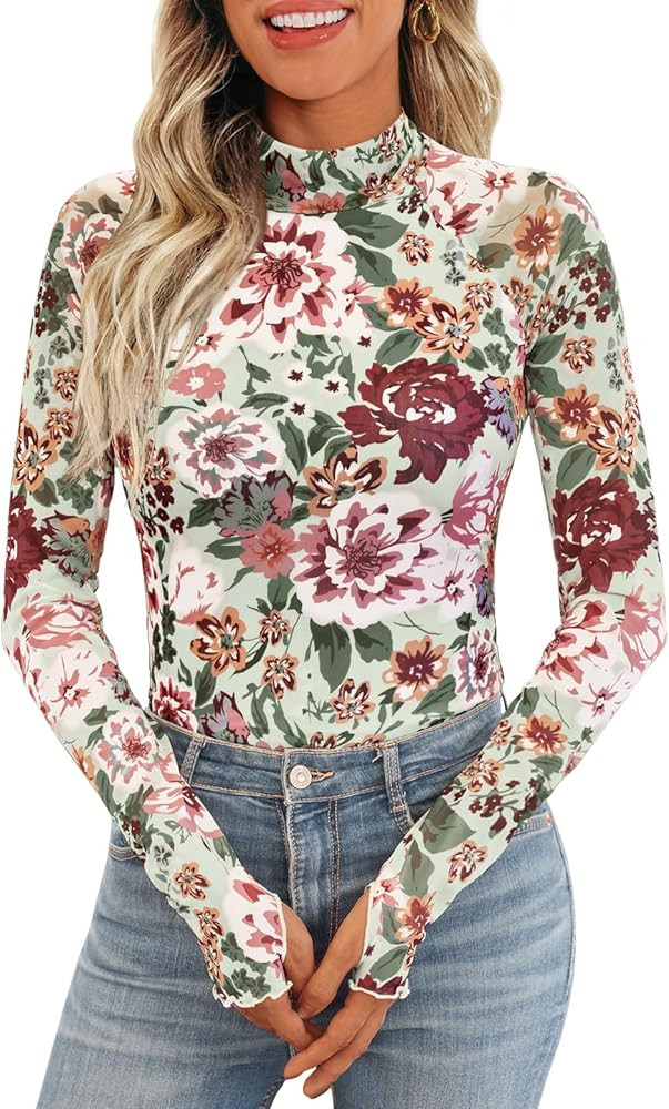 Dealmore Lace Sheer Long Sleeve Floral Mesh Mockneck Trendy Cute Going Out Tops for Women Fall Fa... | Amazon (US)