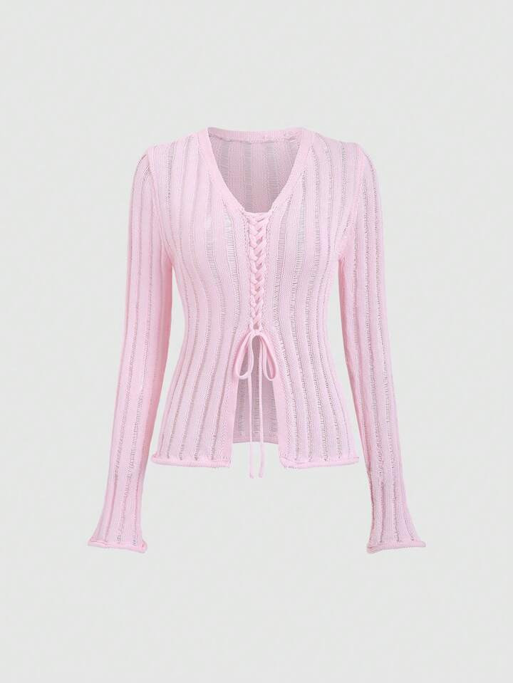 Sweetra Women's Solid V-Neck Lace Up Slit Cuff Sweater | SHEIN