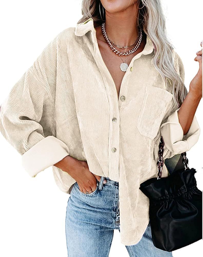 Women's Corduroy Shirts Long Sleeve Jacket Loose Casual Button Down Blouses Tops with Pockets | Amazon (US)