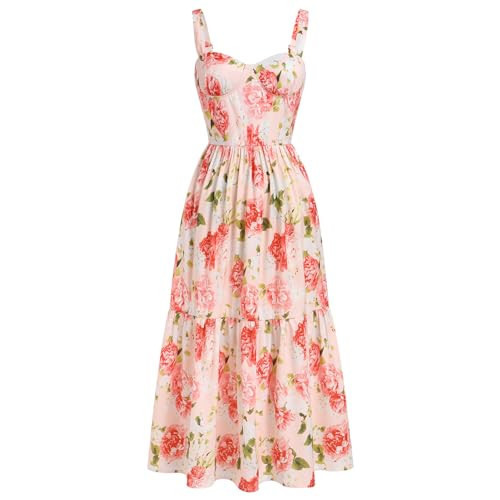 EFOGEP Women Floral Corset Dress Cottagecore Tiered Dress Sleeveless Bustier Dress Summer Flowy Spaghetti Strap Sundress Pink Floral M | Amazon (US)