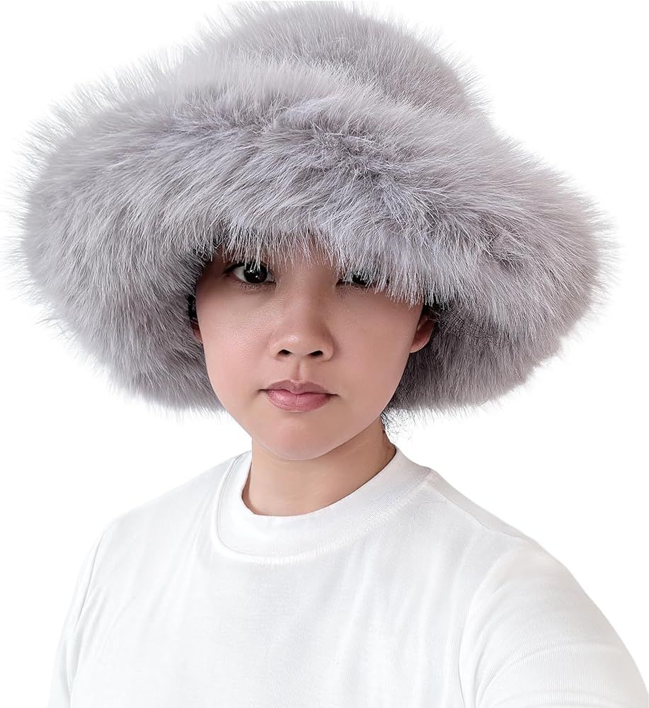 Lina & Lily Oversized Winter Faux Fur Bucket Hat for Women - Long Pile Fur Wide Moldable Brim | Amazon (US)