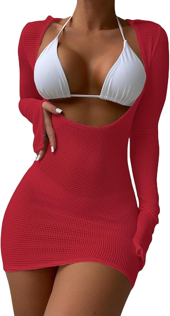 MakeMeChic Women's Crochet Cover Up Dress Long Sleeve Knitted Sheer Swimwear Beach Cover Up Dress | Amazon (US)