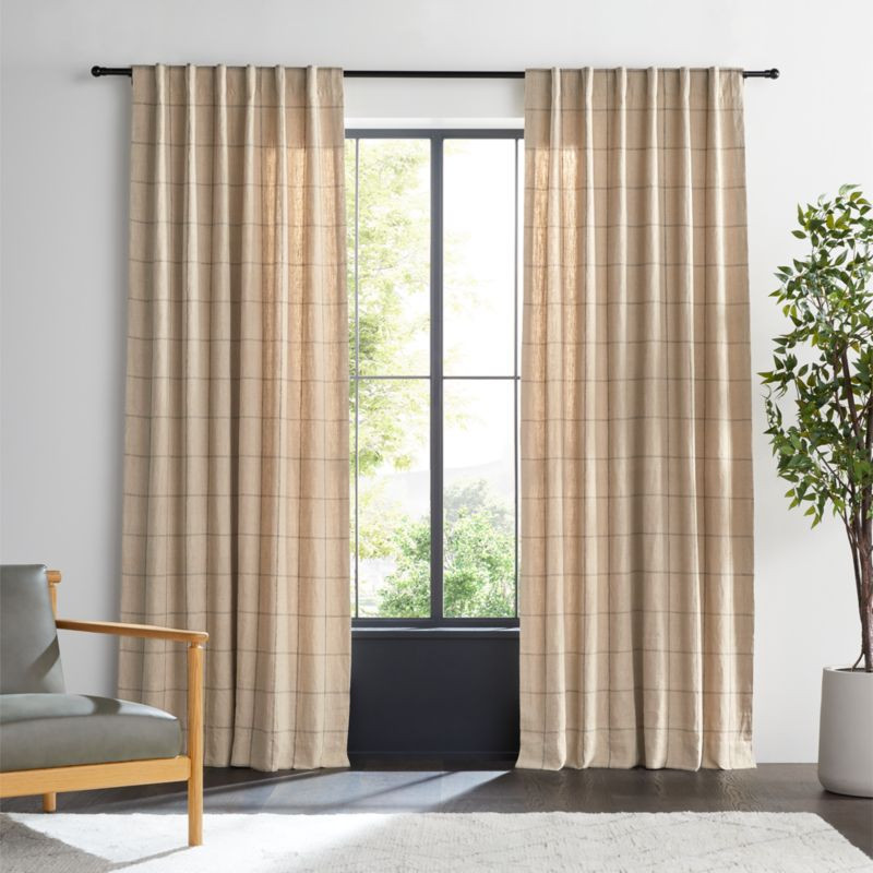 Warm Beige & Storm Grey Linen Double Pinstripe Grid Window Curtain Panel 52"x96" + Reviews | Crat... | Crate & Barrel