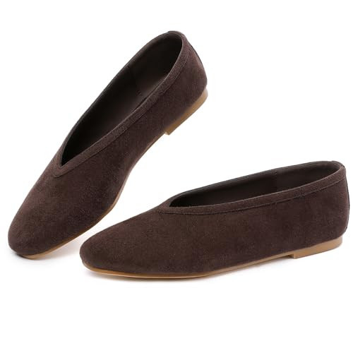 RIBONGZ Ballet Flat Shoes for Women Brown Closed Round Toe Mary Jane Flats Comfortable Slip On Casual Shoes Dressy Office Work Walking Driving Size 10.5 | Amazon (US)