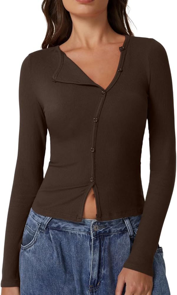 QINSEN Women's Long Sleeve Ribbed Crewneck Shirts Upper Button Fastening Going Out Tops | Amazon (US)