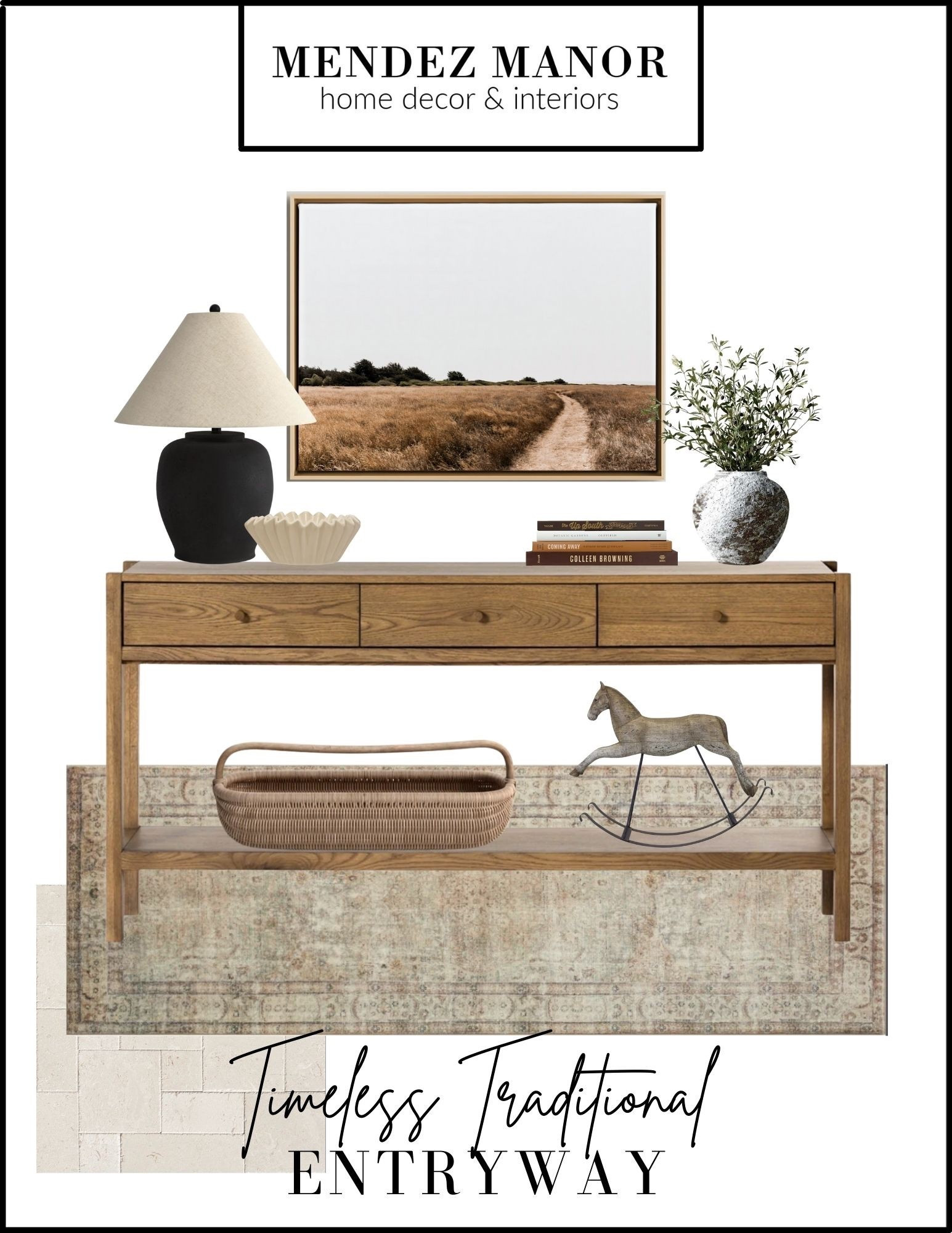 Timeless traditional entryway 🙌🏻

Loving this wood console table with drawers and a bottom shelf. 

#horse #equestrian #home #decor #lamp #runnerrug #neutraldecor #entryway #basket #artprint #landscape

#LTKmomlife #LTKSaleAlert #LTKHome
