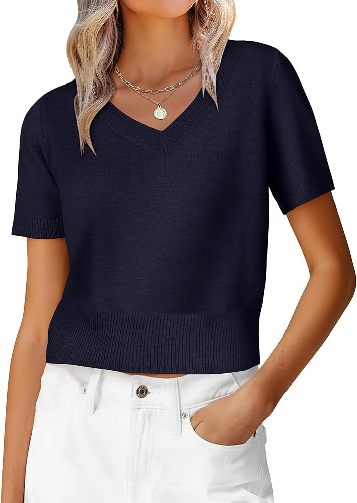 ANRABESS Womens Short Sleeve Sweaters Cropped V Neck Business Casual Lightweight Sweater Tops Sum... | Amazon (US)