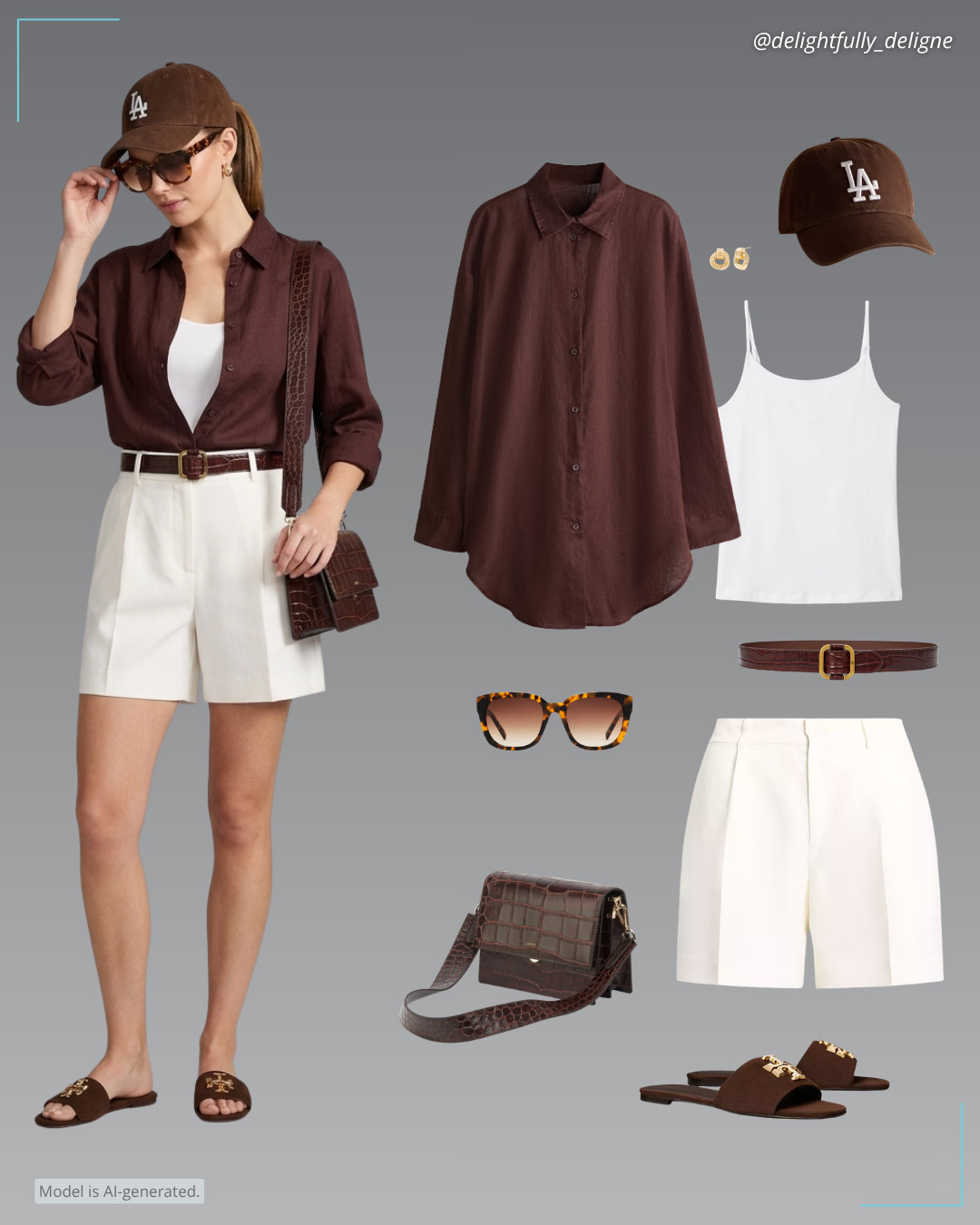 Weekend Summer Casual ☀️🤎 Linen beach shirt, pleated twill shorts, basic cami, leather slide-buckle croc-embossed belt, croc mini flap crossbody, LA Dodgers baseball hat, slide sandals, polarized acetate sunglasses & knot earrings.   

 #LTKgrwm #LTKSeasonal #LTKOver40