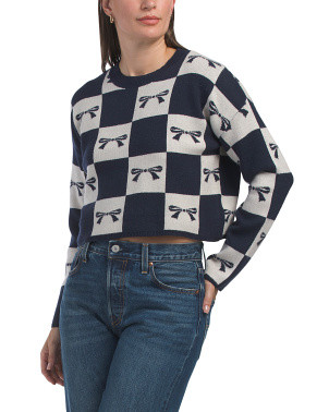 Long Sleeve Bow Checkered Sweater | Juniors | Marshalls | Marshalls