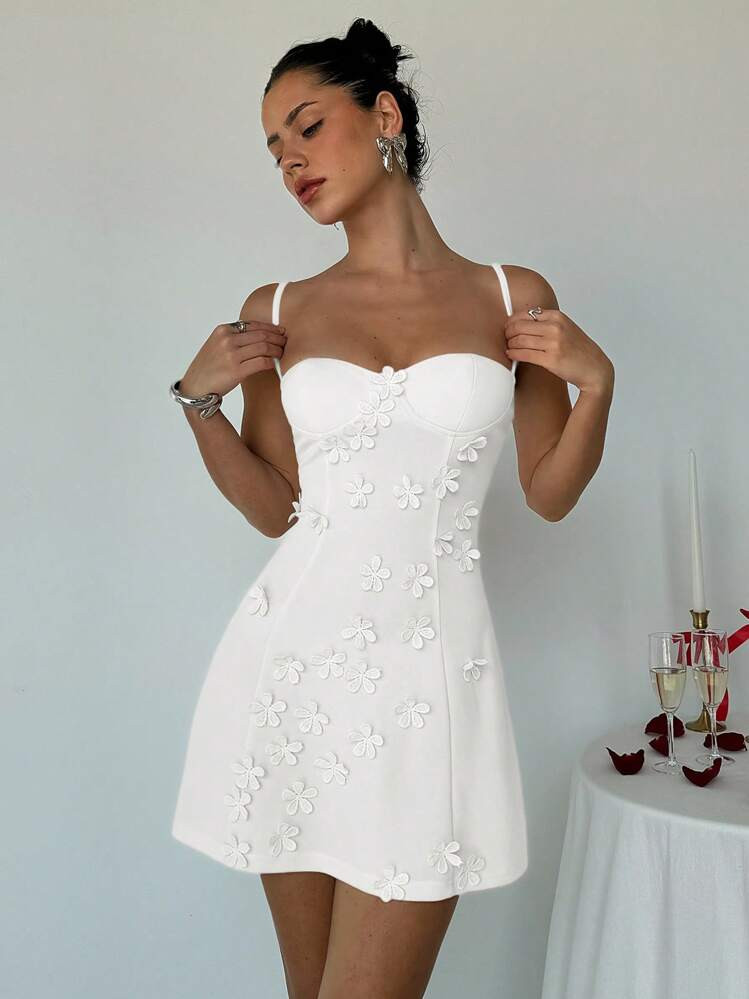 Aloruh Women Sexy Cute YTK Small Cup Detail Front 3D Floral Decor Bodycon A-Line Camisole Dress,Rave Outfits Festival,Summer Dresses For Women,White Dresses For Women | SHEIN