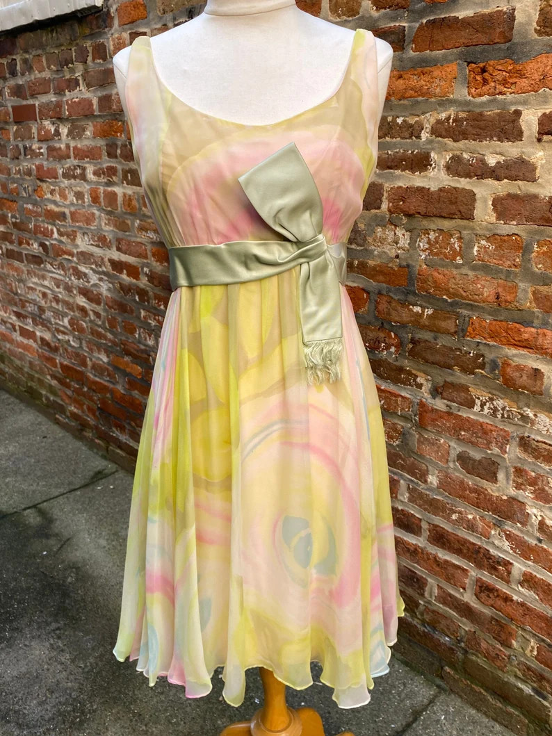 1950s Malcolm Starr Pastel Water Color Bow Dress & Scarf Set | Etsy (Global)