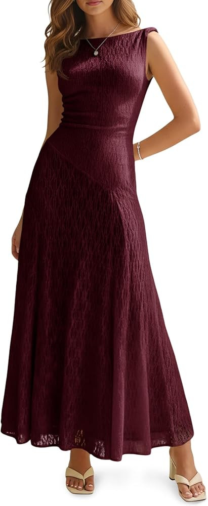 Wenrine Womens Sleeveless Maxi Dress Summer Lace Backless Boat Neck Zipper Flowy Party Cocktail E... | Amazon (US)