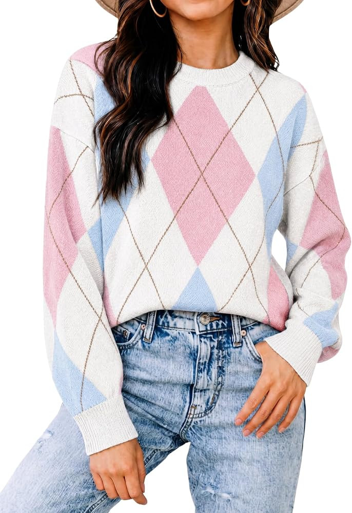 Cicy Bell Womens Cropped Sweaters Argyle Color Block Knit Pullover Tops | Amazon (US)