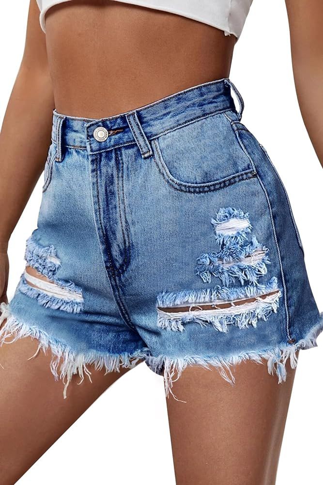 CBOO Jean Shorts High Waisted Ladies Jean Shorts Distressed Short Jeans Stretchy Blue Jean Shorts | Amazon (US)