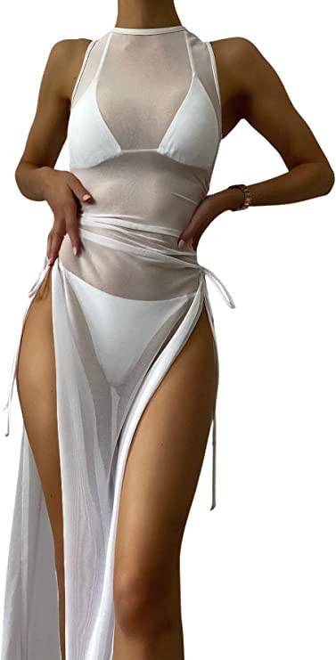 Verdusa Women's Swimsuit Mesh Cover Up High Split Drawstring Bikini Long Dress | Amazon (US)