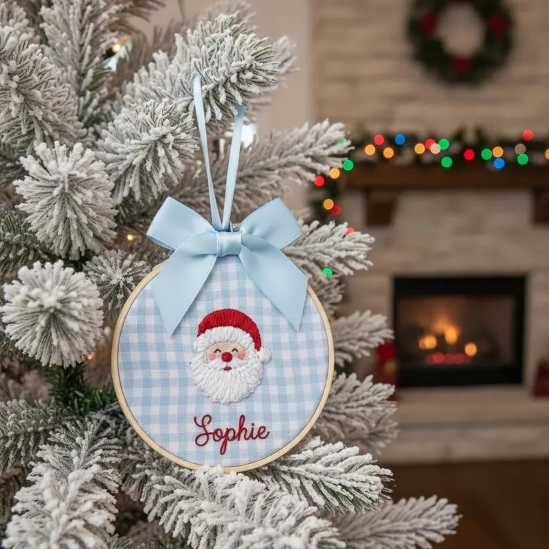 Custom Santa Baby Ornament in Gingham Linen – Personalized Name Hoop With Bow, Handmade Christm... | Etsy (US)