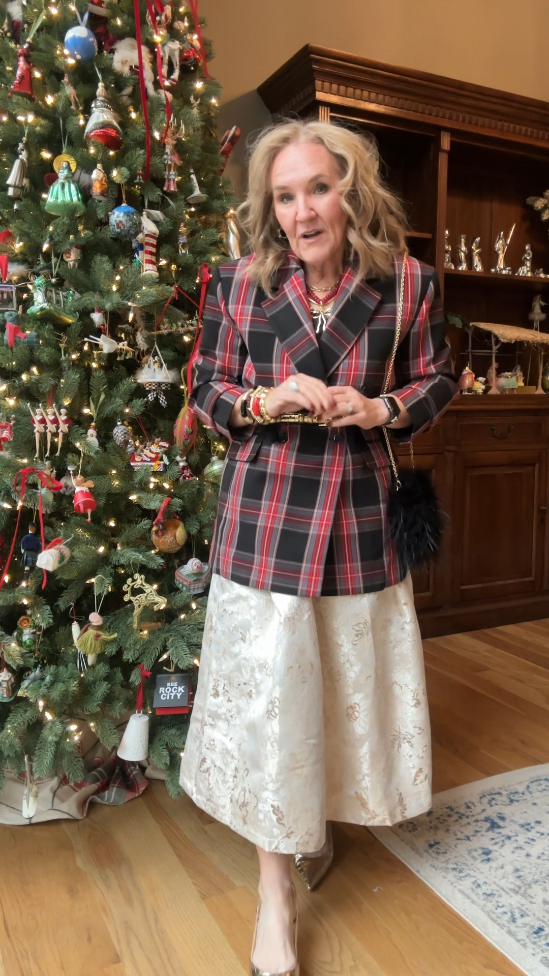 Skirt size large. I’d size up bc it’s fitted in the waist. Not elastic. 

Blazer size 6. Def size down. I pushed the sleeves up with elastics. 

Gold slingbacks are so lovely with so many looks. 

Allie+Bess 20% off code NANETTE20 I’m wearing a mixture of bracelet and necklace stacks that I’ve mixed and matched  
Holiday brunch holiday party, Christmas outfit, Christmas Eve outfit, plaid blazer, ann Taylor plaid blazer 

#LTKWatchNow #LTKHoliday #LTKOver40