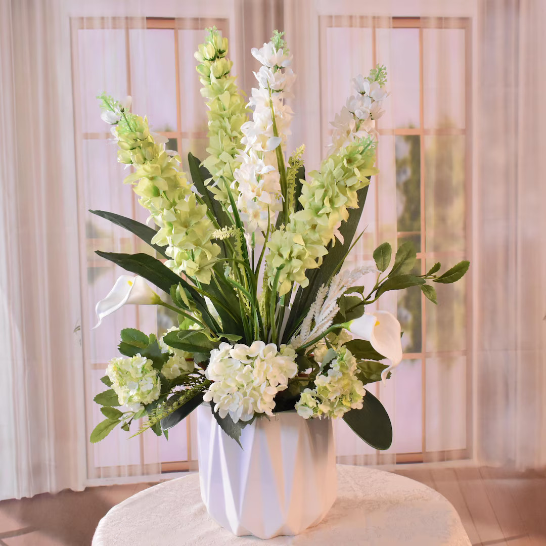 Green and White Delphinium Silk Floral Arrangement in White  Modern Vase with Hydrangeas & Calla ... | Etsy (US)