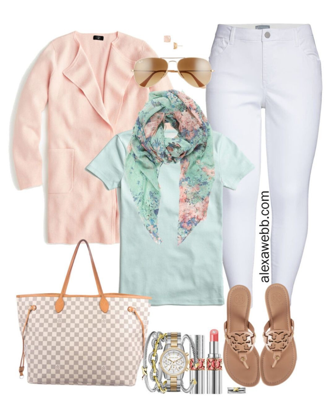 Plus Size Early Spring Outfit Ideas with White Jeans, Blush Pink Cardigan, Aqua Mint Tee, Floral Scarf, Tory Burch Sandals, and Louis Vuitton Neverfull - Alexa Webb

#LTKStyleTip #LTKSeasonal #LTKPlusSize