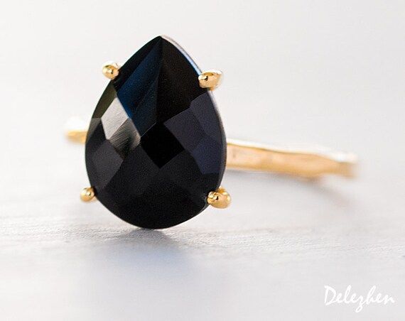 Black Onyx Ring - Gemstone Ring - Stacking Ring - Gold Ring - Tear Drop Ring - Prong Set Ring | Etsy (US)
