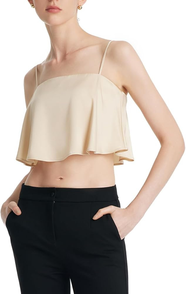 Women's Camisole Elegant Acetate Crop Tank Tops with Spaghetti Strap, Ruffle Detail Built-in Bra | Amazon (US)