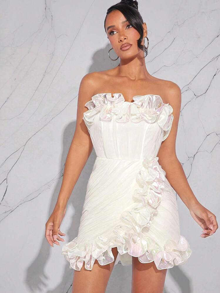 Hauture Appliques Ruffle Trim Mesh Tube Dress | SHEIN