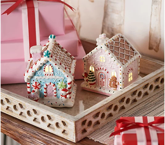 S/2 Illuminated Ceramic Gingerbread Houses by Valerie | QVC