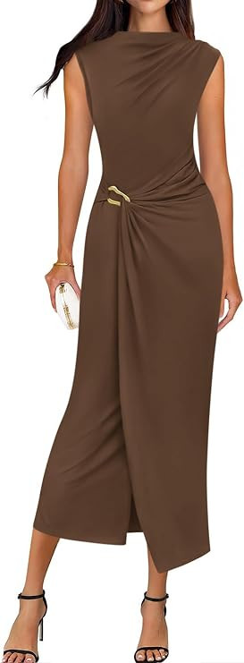 BTFBM Dresses for Women 2026 Summer Clothes Formal Bodycon Mock Neck Cap Sleeve Midi Party Cockta... | Amazon (US)