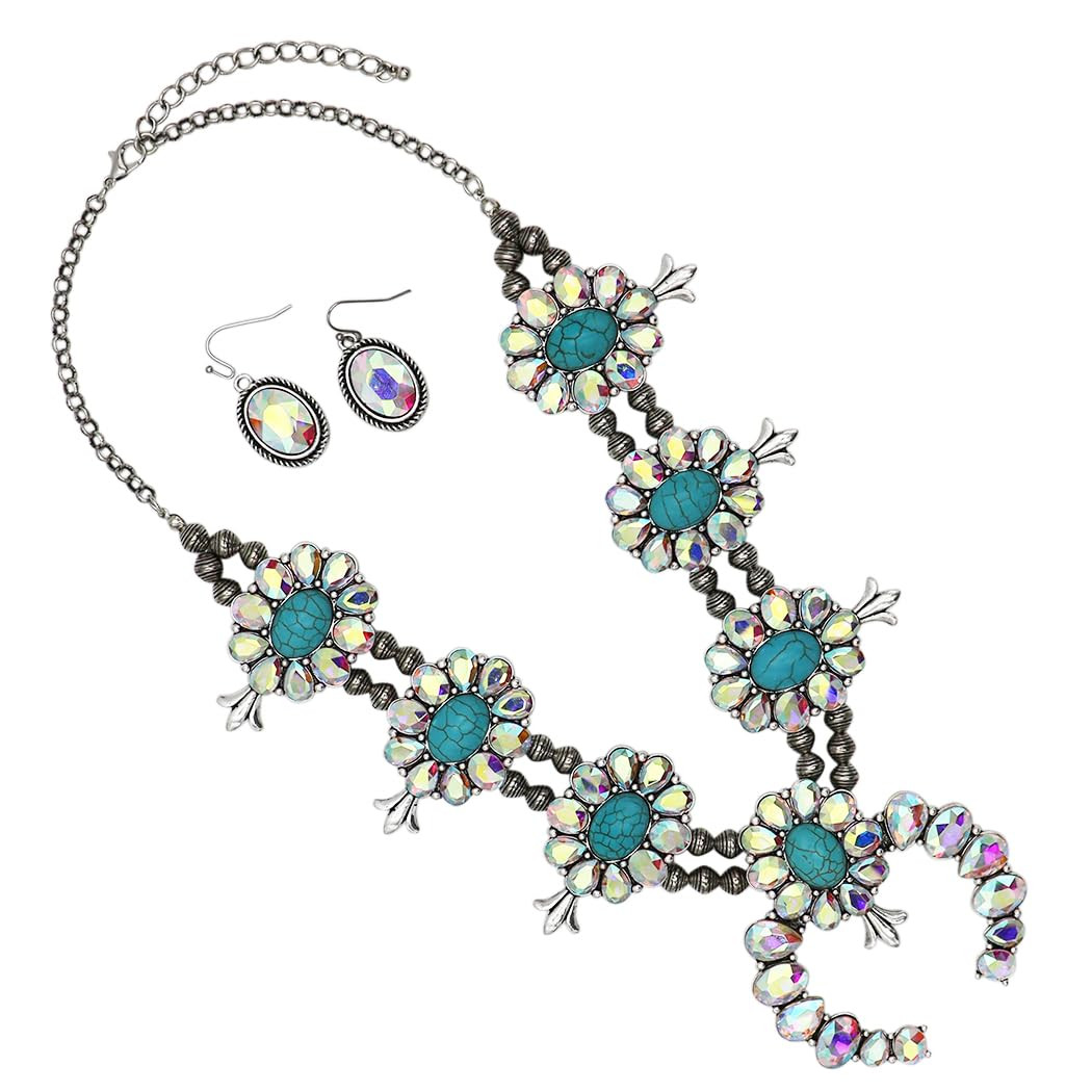 Cowgirl Chic Western AB Crystal Squash Blossom Necklace And Earrings Statement Set, 20"+3" Extension turquoise | Rosemarie Collections