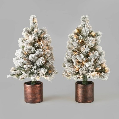 3ft/2pk Pre-Lit Flocked Virginia Pine Potted Artificial Christmas Tree Clear Lights - Wondershop&... | Target