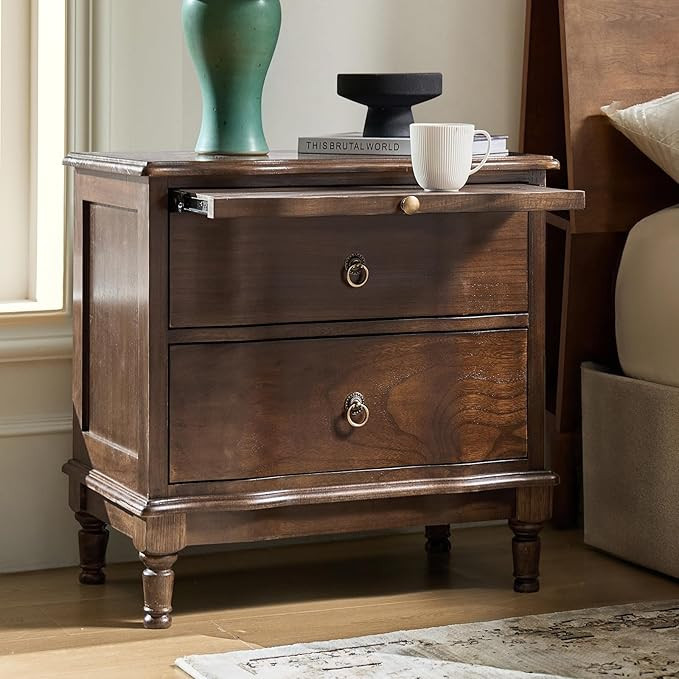 HULALA Traditional Solid Wood Nightstand with 2 Drawers, Sideboard Hidden Pull-Out Shelf & Built-... | Amazon (US)
