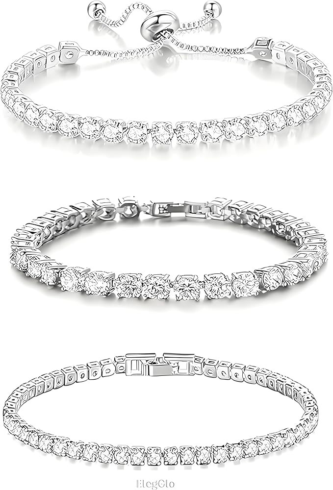 14K Silver Plated Tennis Bracelet Set Cubic Zirconia Classic Adjustable Bracelet Silver Bracelets... | Amazon (US)