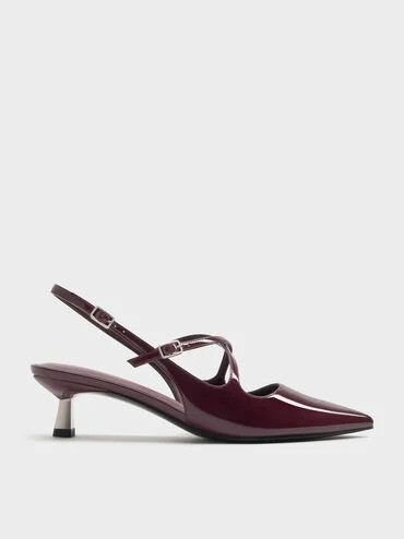 Pauline Patent Crossover Slingback Kitten Heels
    
         - Maroon | Charles & Keith US