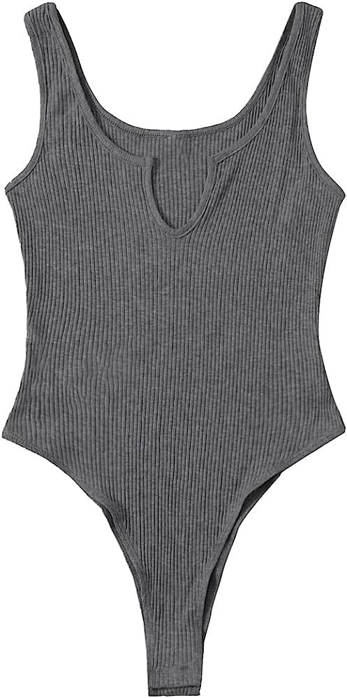 Amazon.com: Verdusa Women's Tie Dye Notched Neck Ribbed Skinny Thong Tank Bodysuit Top Dark Grey ... | Amazon (US)